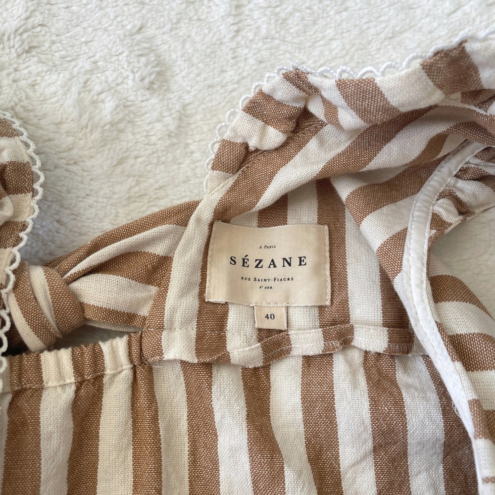 Sezane Meredith Striped Ruffle Camel Cream Bow Tank Blouse Size 40 FR / 8 US - Picture 4 of 8